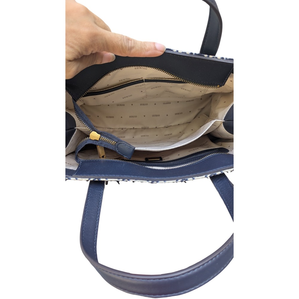 GUESS Blue Logo Jacquard Tote Bag Navy Trim Gold Hardware Handbag - Picture 5 of 8